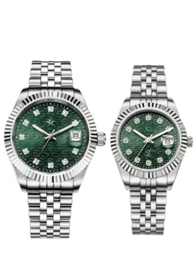 High-quality, waterproof Rolex-style men's watch set with a silver bracelet and green dial.